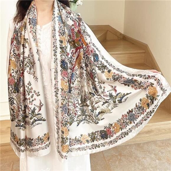 Lightweight Satin Scarves Large Capacity White Floral - Picture 3 of 6